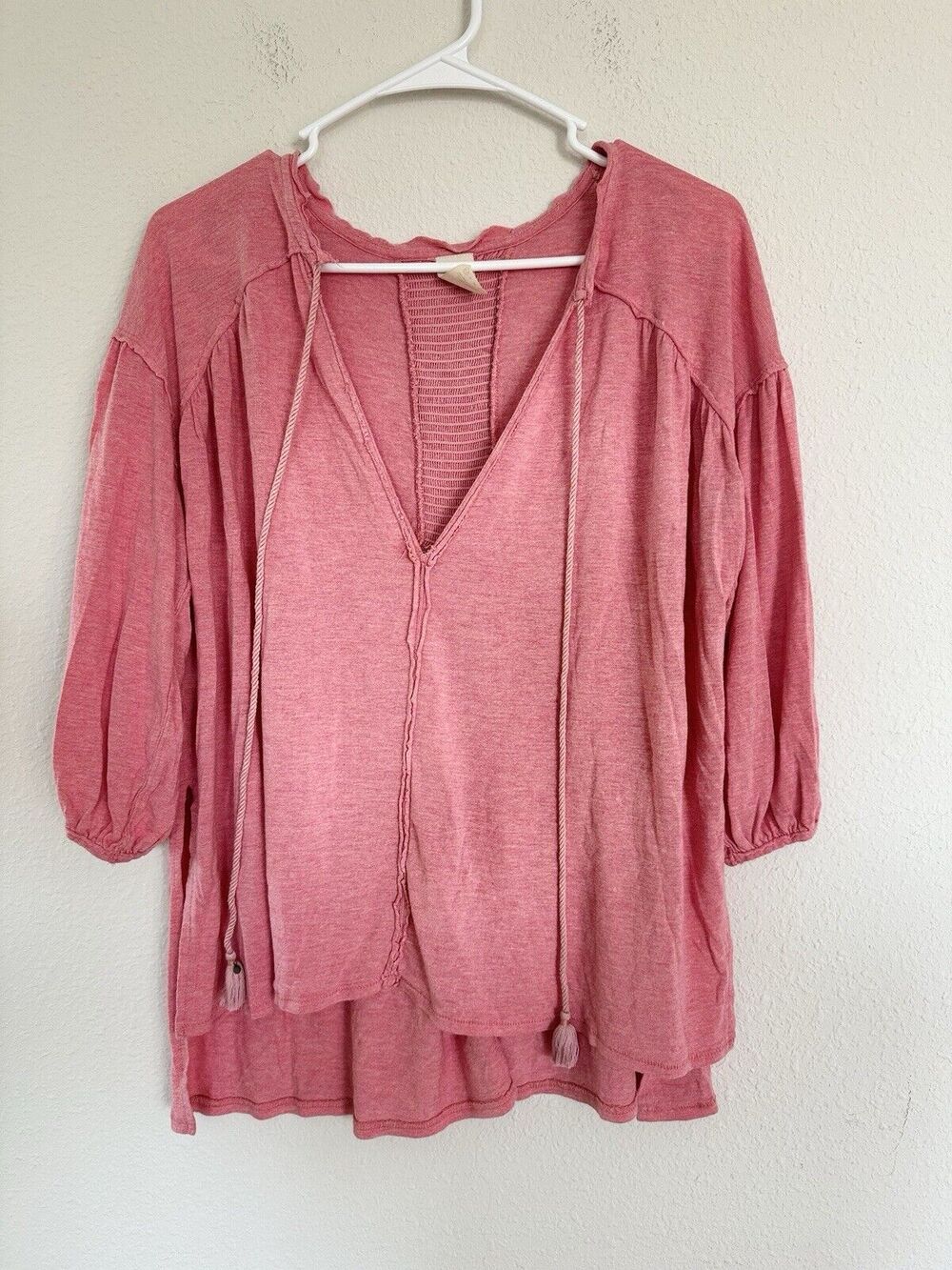 We the Free Oversized Thermal Top Long Sleeve Pink Tasseled Boho Blouse Size XS